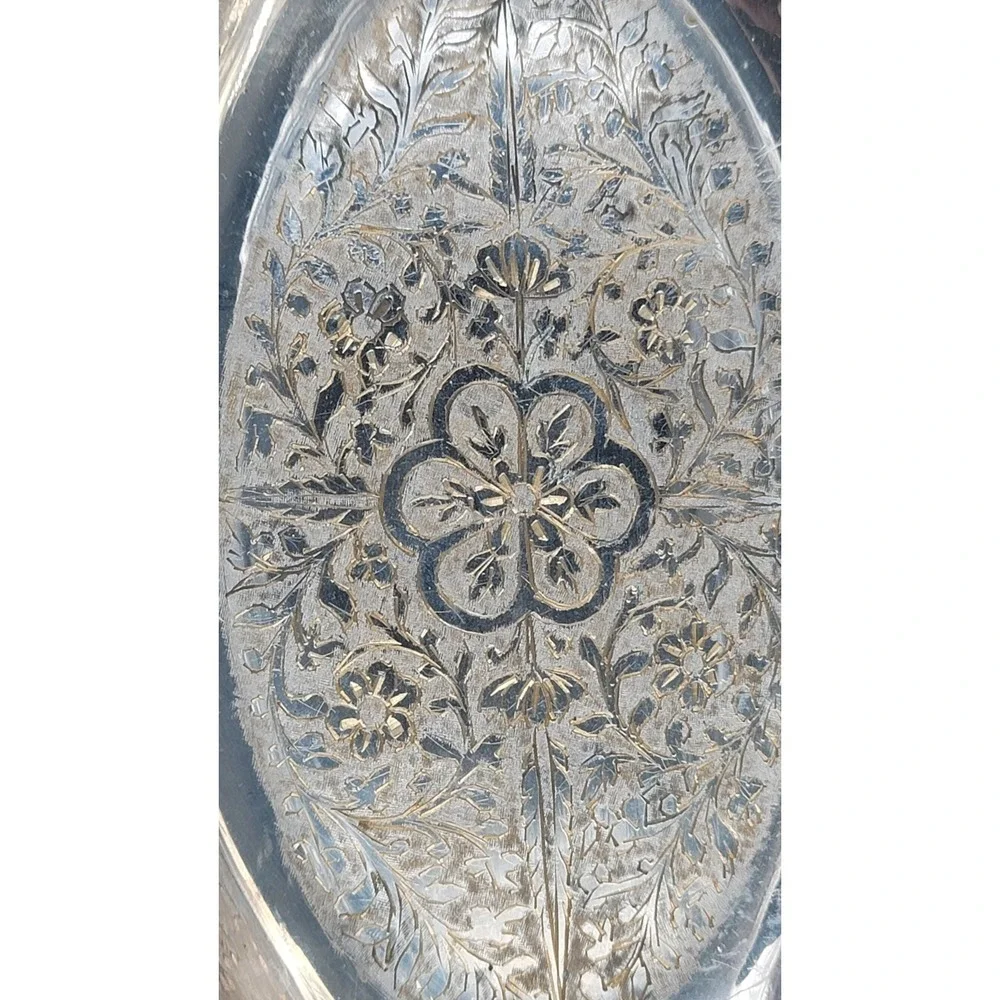 Vintage Z.Y. India Etched Silver Tone Metal Dish Basket‎ Handle Scalloped 11